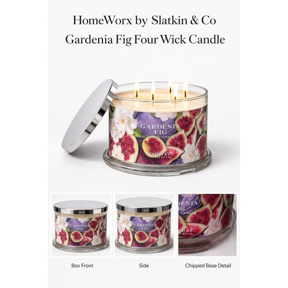 *New, Chipped* HomeWorx by‎ Slatkin & Co Gardenia Fig 4 Wick Scented Candle 18oz